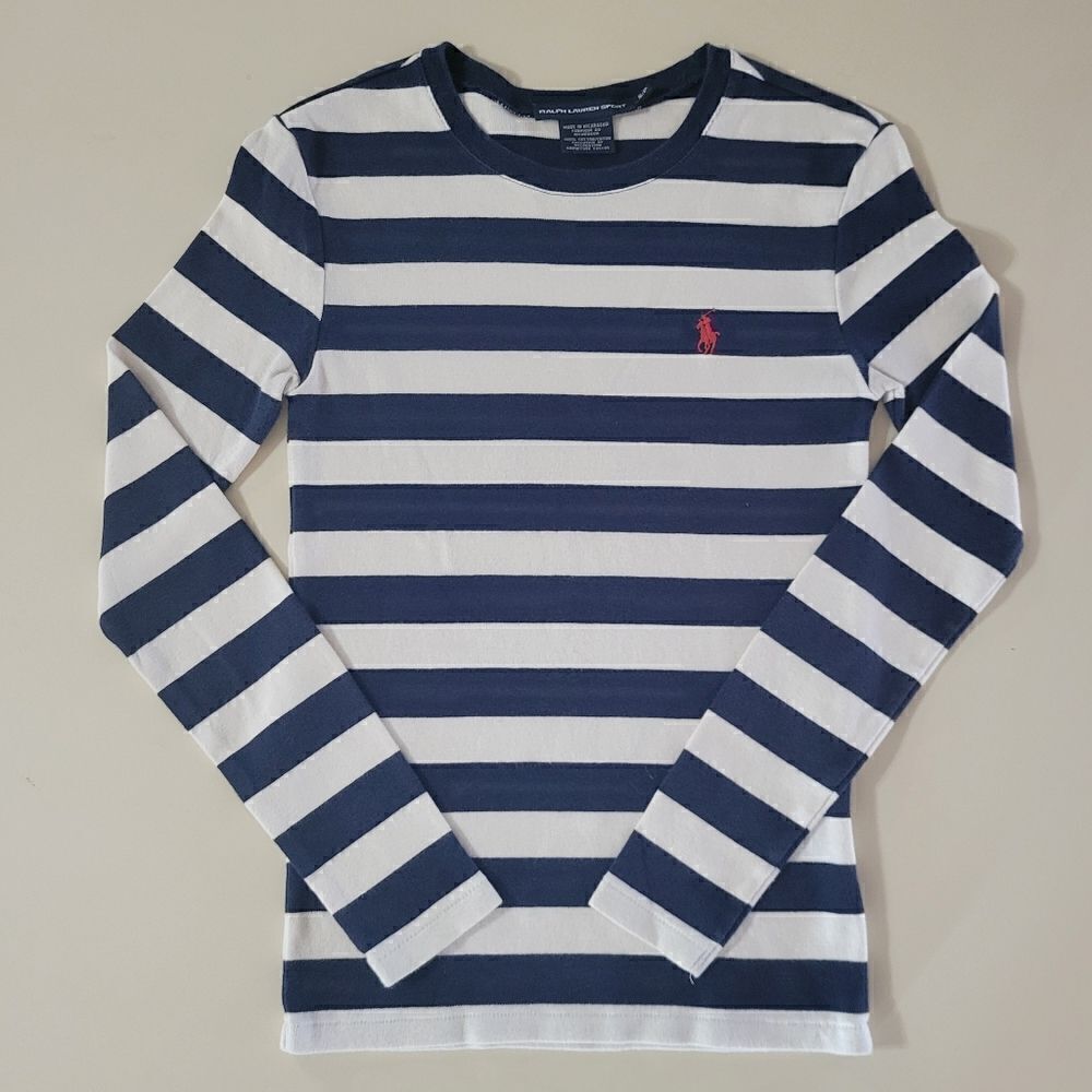 Ralph Lauren Sport Women's Long Sleeve Navy and White Stripe Crewneck …